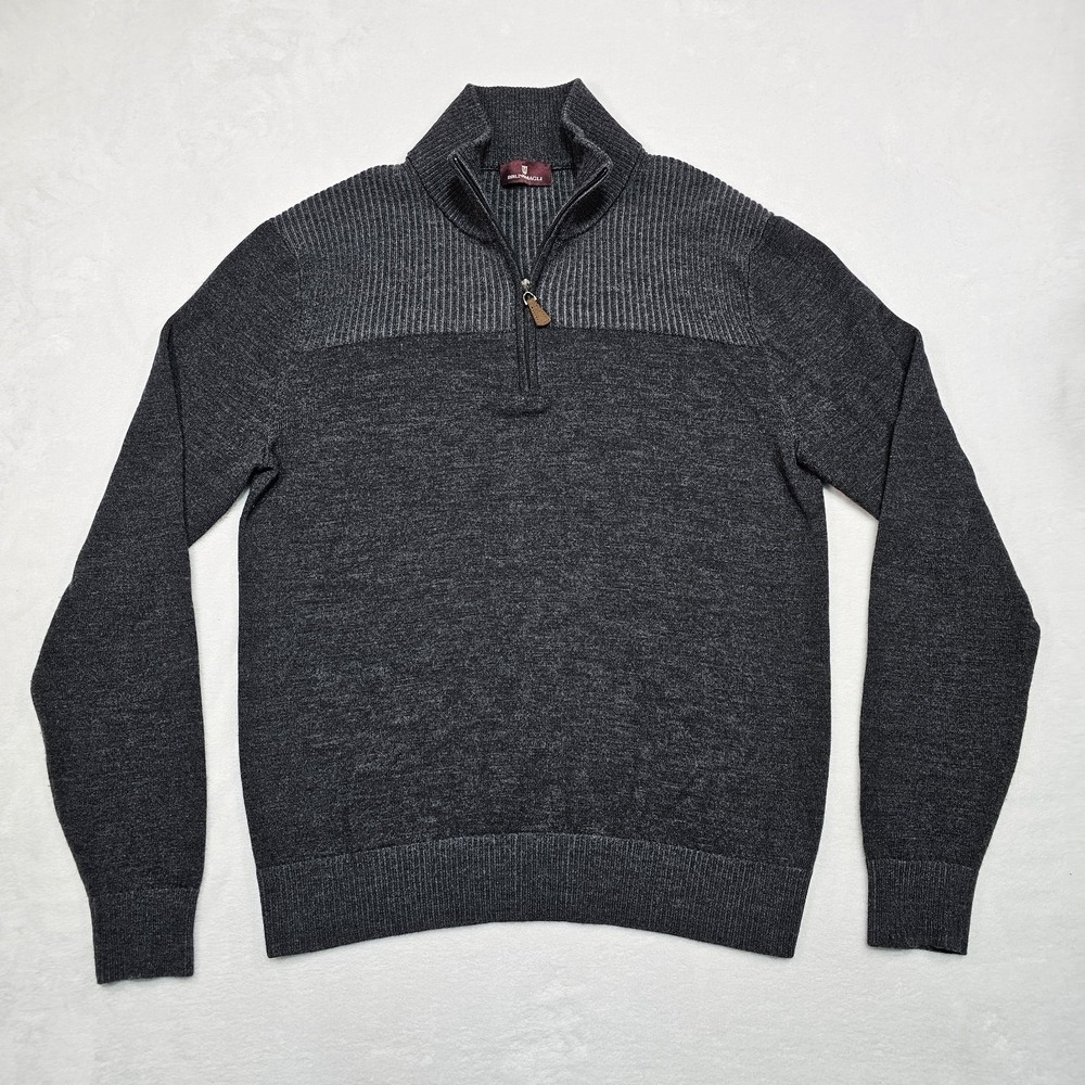 Bruno Magli Pique Merino Wool 1/4 Zip Sweater Mens M Knit Pullover Casual Gray